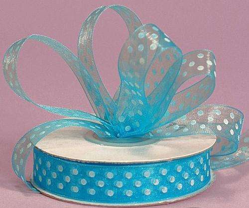6mm Turquoise Organza Ribbon with White Polka Dots (sold by the meter)