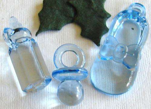 Blue Baby Bottle, Dummy & Shoe Acrylic Decorations/Charms - 3 Pieces (Also available in pink)