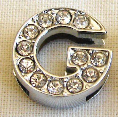 Alpha G Slide Charm, Silver with Rhinestones, For use with Ribbon or Leather (Sold individually)
