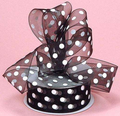 10mm Wide Black Organza Ribbon with White Dots (Sold by the Meter)