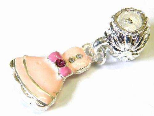 17mm Pink Enamel Dress Dangle Charm - Fits Euro & Similar Style Bracelets