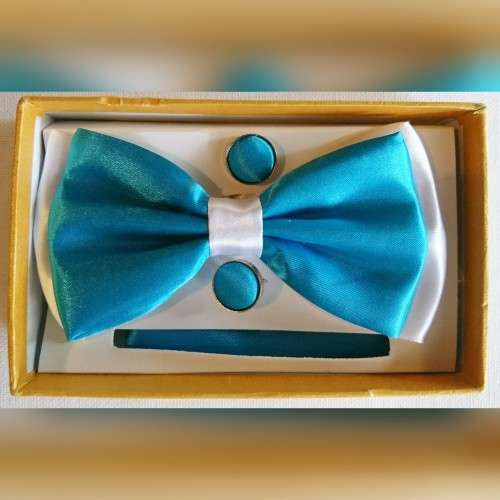 Sky Blue White Bowtie Cuffs and Hank Set