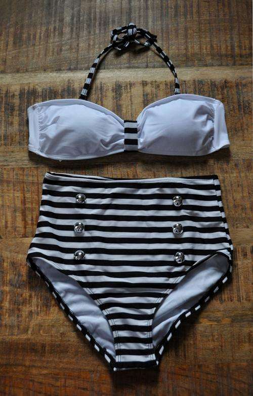 Retro Black and White Stripe High Waisted Vintage Inspired Bandeau Bikini Set Swimsuit Size 10