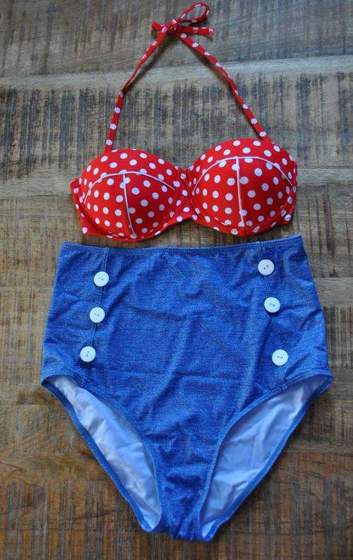 Retro Polka Dot Vintage Inspired High Waist Bikini Swimsuit Size Small