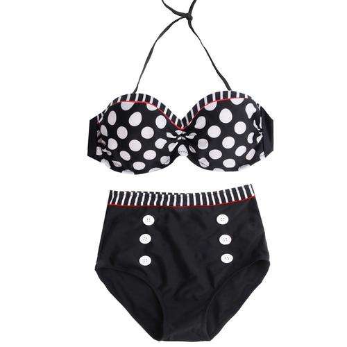 Retro BLACK Polka Dot Vintage Inspired High Waist Bikini Swimsuit Size XS