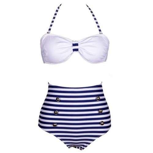 Retro Blue Navy and White Stripe High Waisted Vintage Inspired Bandeau Bikini Set Swimsuit Size 8
