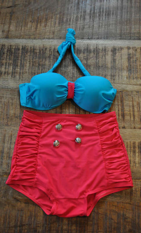 Retro Blue/Pink Vintage Inspired High Waist Bikini Swimsuit Size Extra Small