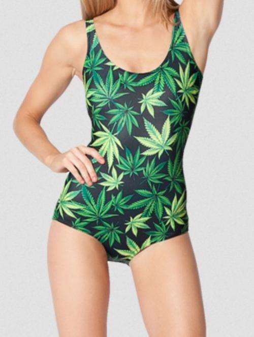 SALE: Maple Leaf Leaves Black/Green Leotard Swimming Costume Swimwear Size XS - Small