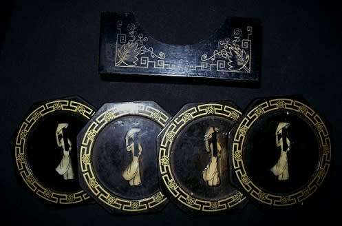 VINTAGE LACQUER COASTERS with Mother of Pearl INLAY