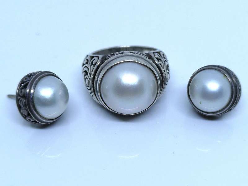 Vintage 925 Silver Filigree Design | Ring & Earrings | Set With Natural Mabe Pearls | Size N 1/2
