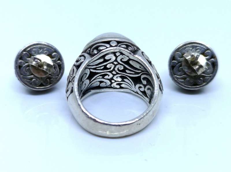 Vintage 925 Silver Filigree Design | Ring & Earrings | Set With Natural Mabe Pearls | Size N 1/2
