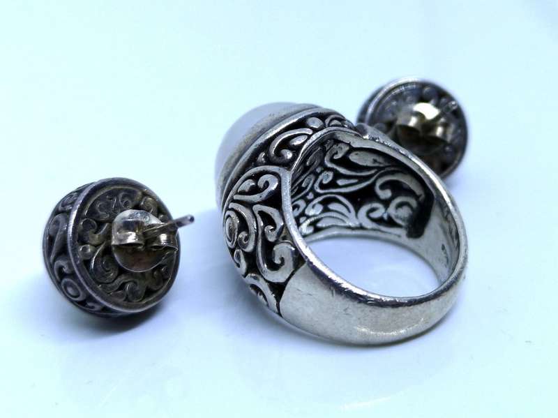 Vintage 925 Silver Filigree Design | Ring & Earrings | Set With Natural Mabe Pearls | Size N 1/2