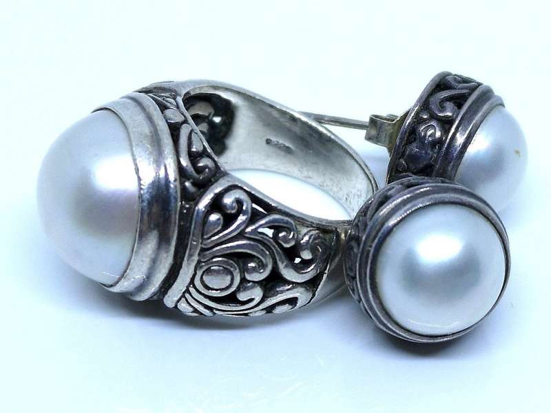 Vintage 925 Silver Filigree Design | Ring & Earrings | Set With Natural Mabe Pearls | Size N 1/2