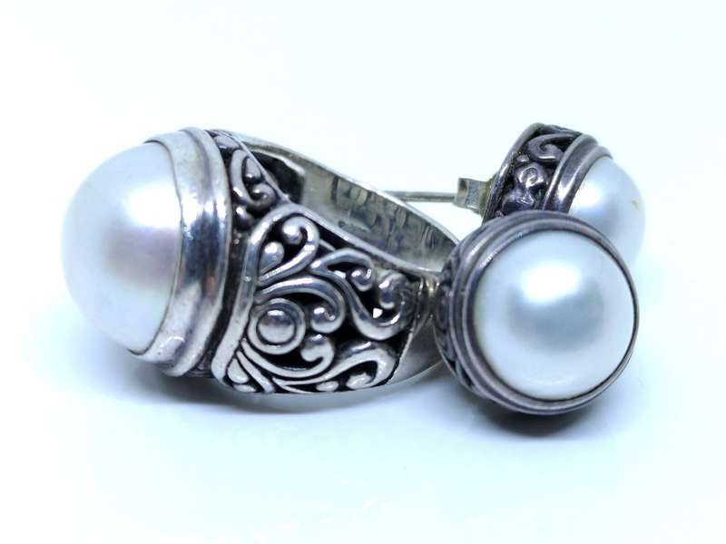 Vintage 925 Silver Filigree Design | Ring & Earrings | Set With Natural Mabe Pearls | Size N 1/2