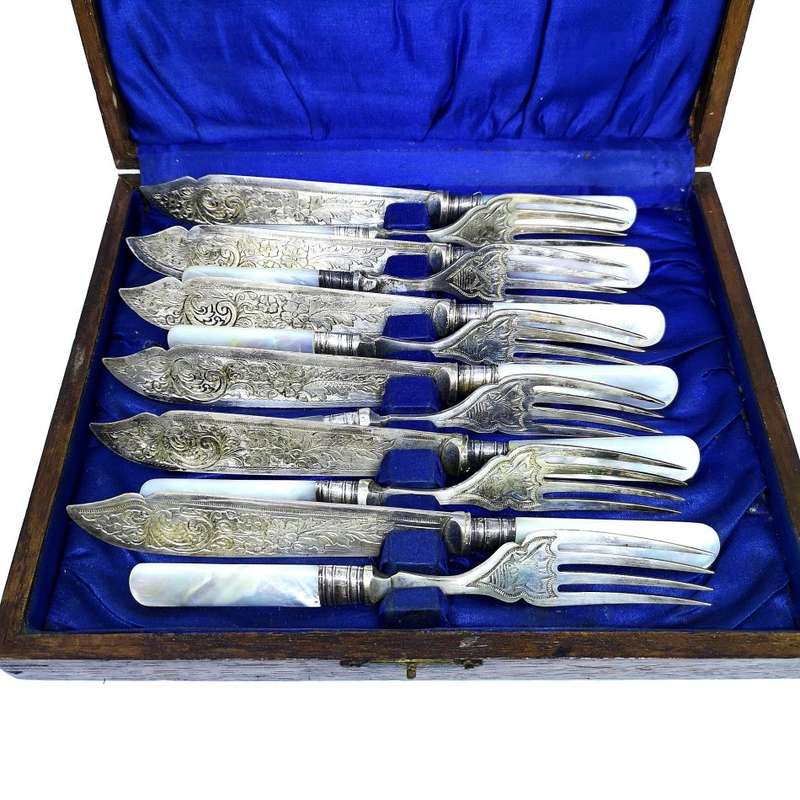 120 Year old | Fish Fork and Knife Set | EPNS | MOP | Mother Of Pearl Handles | Engraved Details