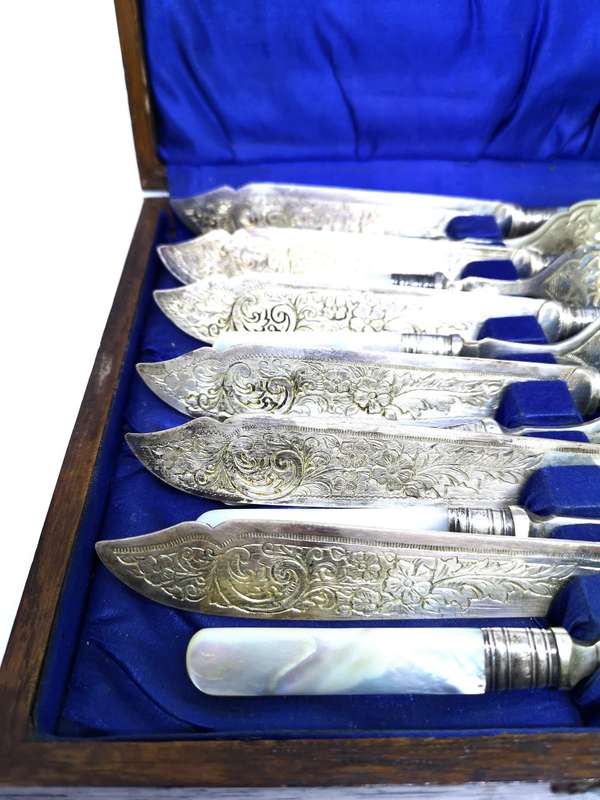 120 Year old | Fish Fork and Knife Set | EPNS | MOP | Mother Of Pearl Handles | Engraved Details