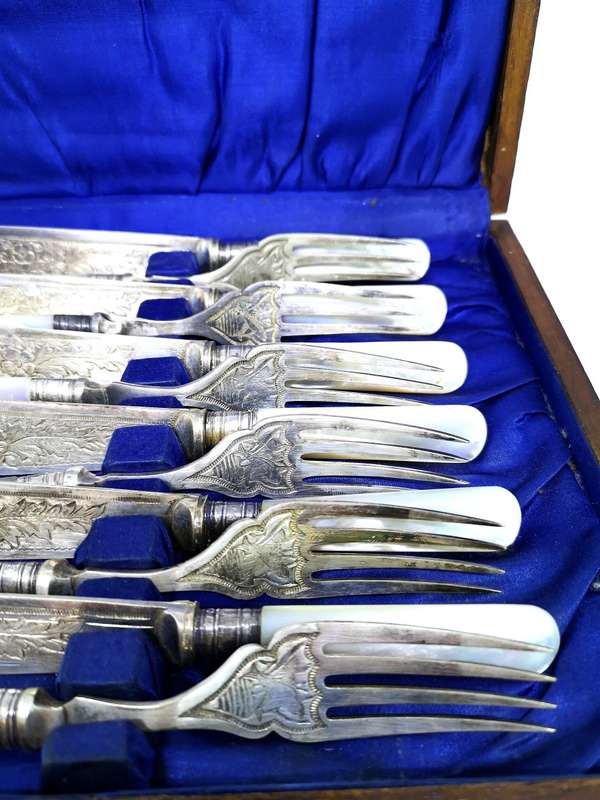 120 Year old | Fish Fork and Knife Set | EPNS | MOP | Mother Of Pearl Handles | Engraved Details