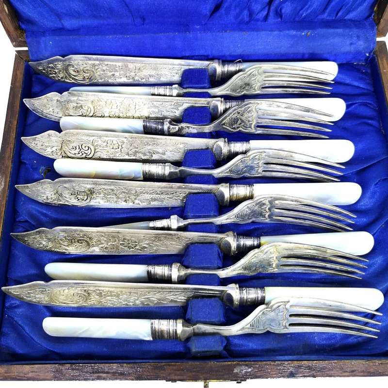 120 Year old | Fish Fork and Knife Set | EPNS | MOP | Mother Of Pearl Handles | Engraved Details