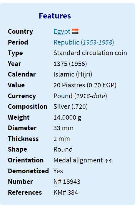 1956 | 20 Qirsh | Cairo, Egypt |  Silver Coin