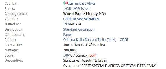 1938 | 500 Lira | Italian East African | Azzolini & Urbini signatures | Low Mintage | Rare Find