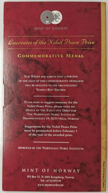 1999 | Elie Wiesel | Nobel Peace Prize Laureate 1986 | Mint Of Norway | 1 Troy Ounce