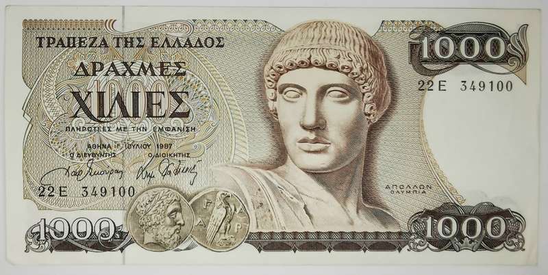1987 | 1,000 Drachmaes | Greece | 158 x 77 mm | Front: Apollo