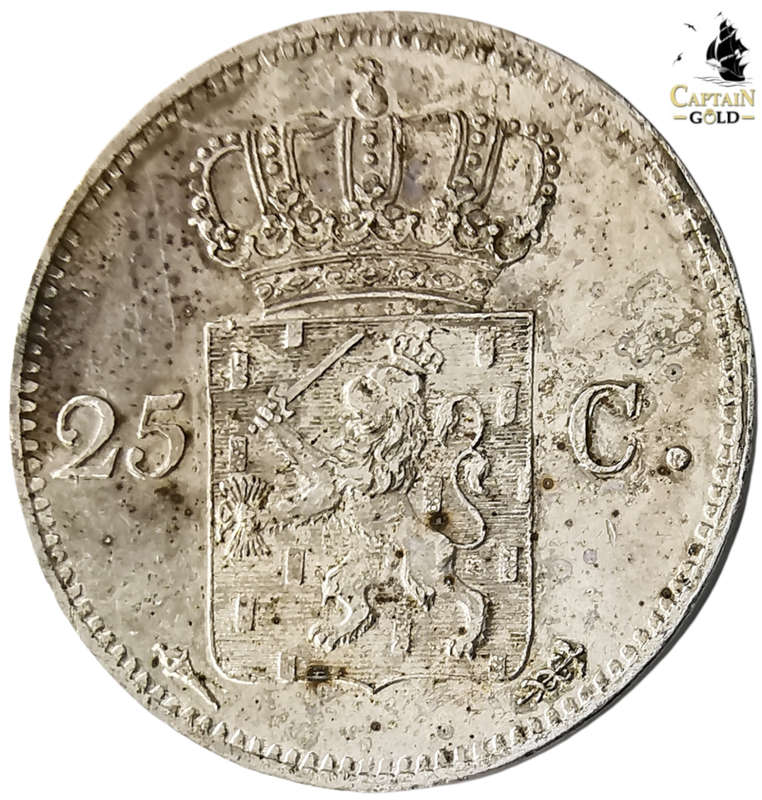1825 | 25 Cents | Willem I | Netherlands | 196 Year Old Silver (.569) Coin | 21.0mm