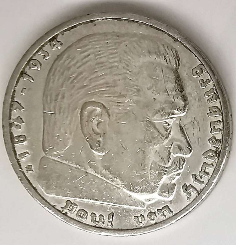 1938 | 5 Reichsmark | Paul von Hindenburg | Germany | 29 mm Silver (.900) Coin