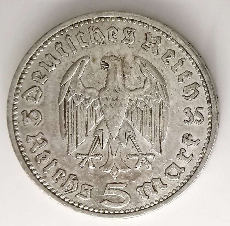 1936 | 5 Reichsmark | Paul von Hindenburg | Germany | 29 mm Silver (.900) Coin