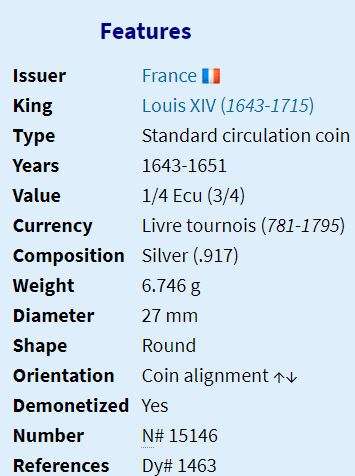 1644 | ¼ Ecu | Louis XIV | France | 377 Year Old, 27 mm Silver (.917) Coin