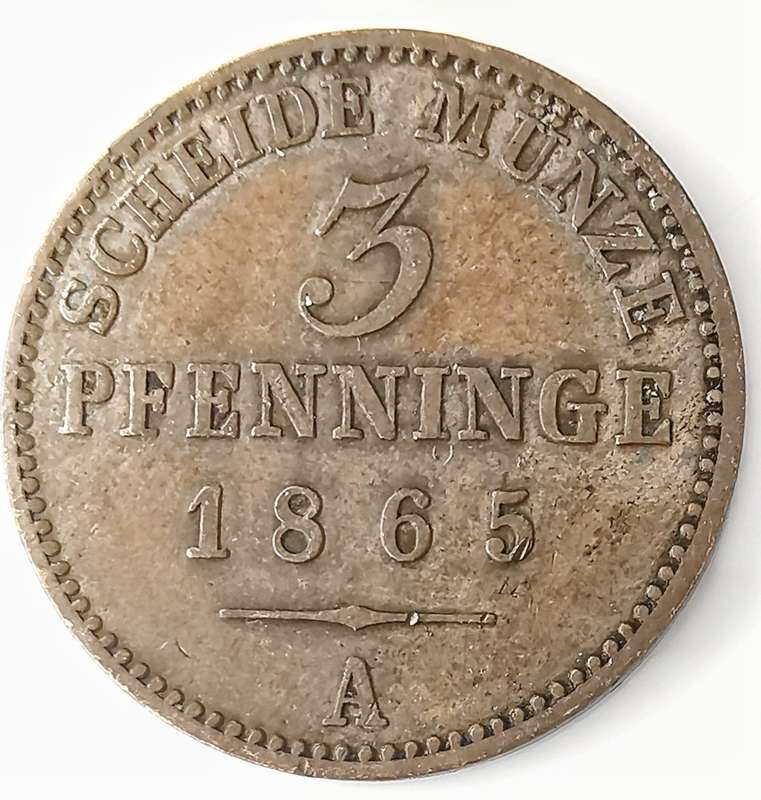 1865 | 3 Pfenninge | Wilhelm I | German states | 156 Year Old, 24 mm Coin
