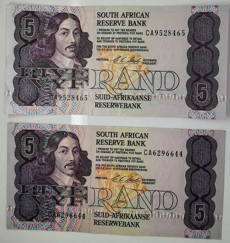 5 Rand Note | Same Series Set | UNC | South Africa | Signature: C. L. Stals
