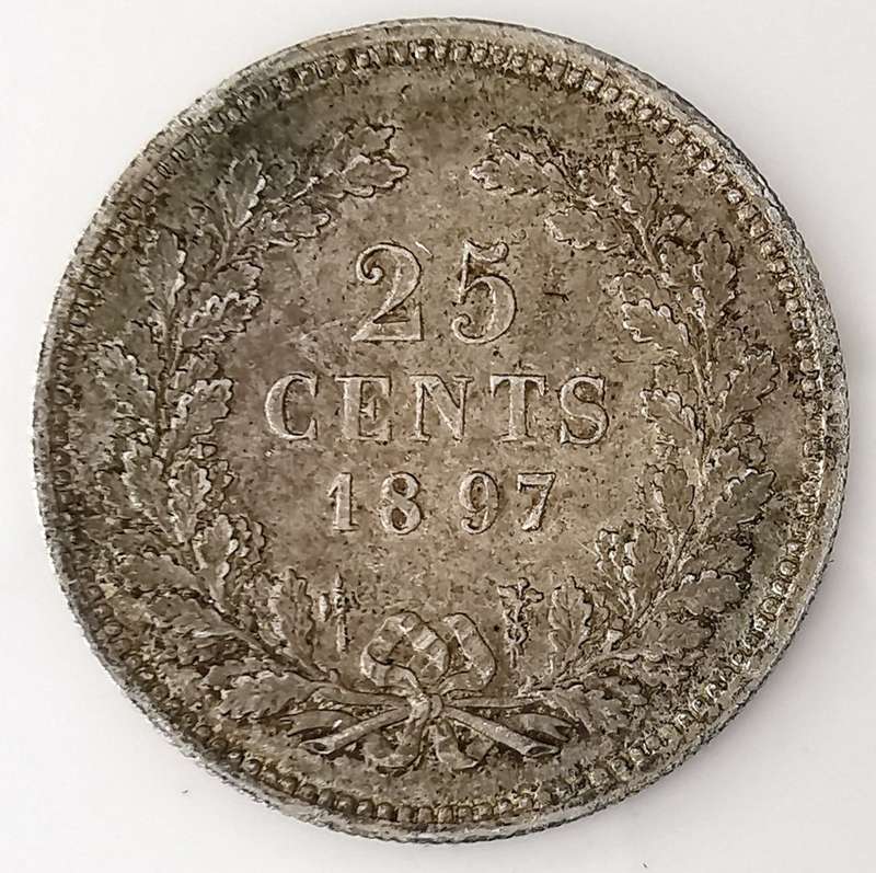 1897 | 25 Cents | Netherlands  | 19 mm Silver (.640) Coin | Wilhelmina