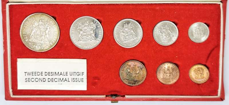 1973 Proof Set | R1, 50c, 20c, 10c, 5c, 2c, 1c, 1/2c | Excluding Gold Coins | Long Proof Set Box