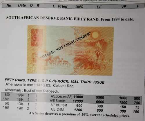 1984 | 50 Rand Note | Signature: G P C de Kock | 3rd Issue | Type 1 | A/E