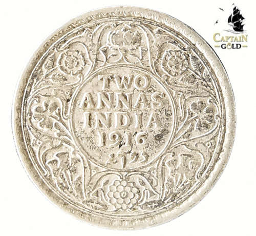 1916 | 2 Annas | George V | Type II | India - British  | 105 Year Old Silver (.917) Coin | 15.4 mm