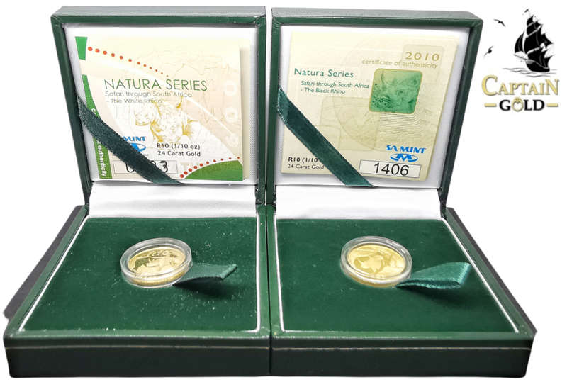2009 and 2010 | 1/10 oz | 24 Carat Gold | Black And White Rhino Set | Natura Series | SA MINT