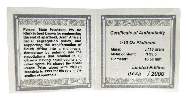 1989-1994 | FW de Klerk | 1/10 oz Platinum 99.5 | State President Of SA | Proof Coin | Includes Box