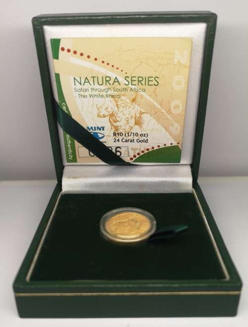 2009 | Natura | The White Rhino | R10 (1/10 oz) | 24 Carat 999.9 Au | Proof | Gold Coin | No Reserve