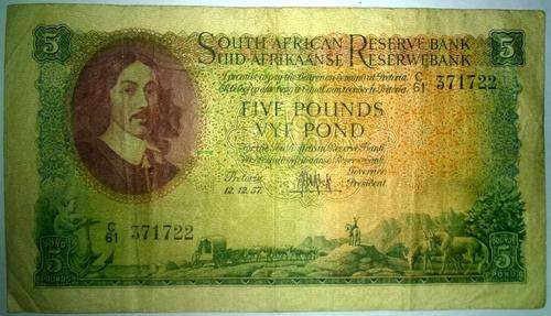 1957 OLD S.A 5 Pond note up for grabs!!! stunning note ,have a look