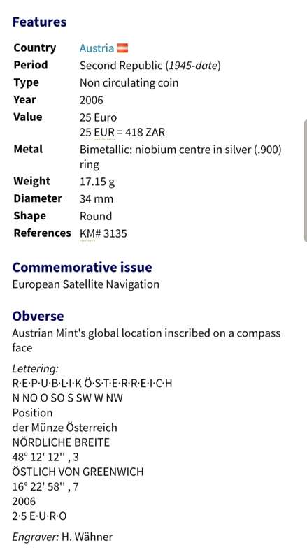 Rare | 2006 | 25 Euro European Satellite Navigation | Niobium Center of Siver .900 | High Value