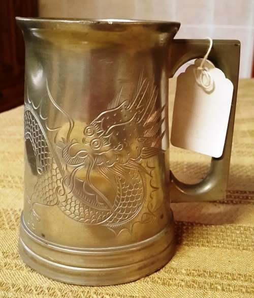 Beautiful White Pewter glass bottom Tankard.  Dented  and Unpolished