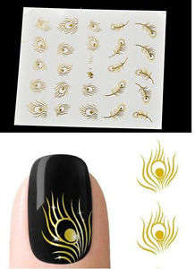 Gold Peacock Feather Nail Art Water Transfer Stickers