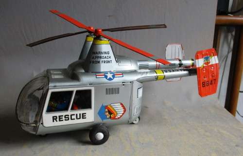 KAMAN H-43 TIN PLATE FRICTION DRIVE HELICOPTER  WITH INTERMESHING BLADES - MADE IN JAPAN