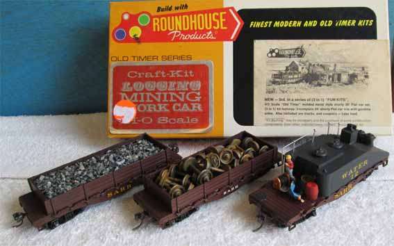 3 X "OLD TIME" FLAT CARS WITH LOADS by ROUNDHOUSE PRODUCTS in "HO" (BOXED)
