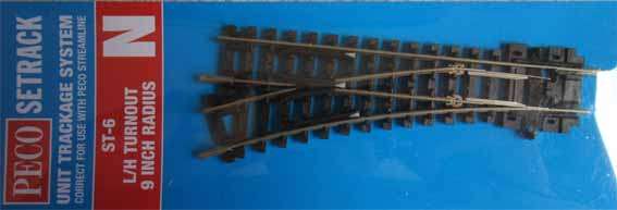 PECO - ST-6 9" RADIUS L/H TURNOUT in N SCALE (NEW CARDED)