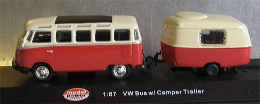 VW BUS WITH CAMPER TRAILER by MODEL POWER in 1/87 SCALE (NEW BOXED)