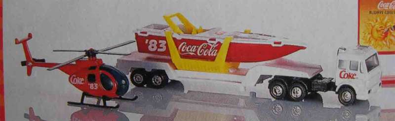 COCA COLA MERCEDES BENZ TRUCK, POWER BOAT & HELICOPTER SET 1/87 SCALE