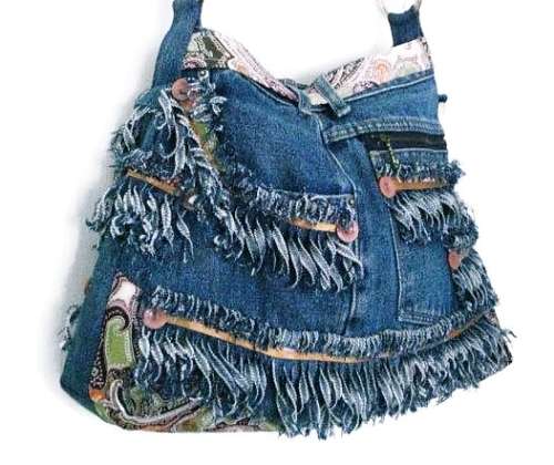 Denim Fringed Handbag with Belt and Buckle Trim