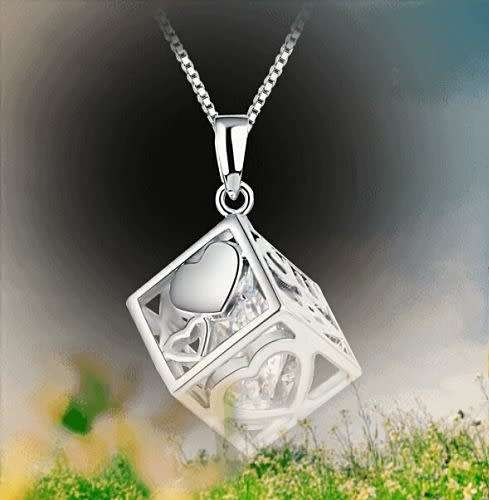 Cubic Zirconia inside a Platinum Plated Square Box Pendant with Chain